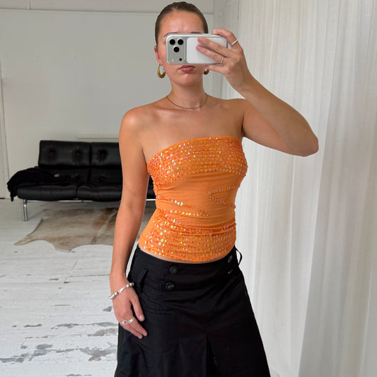 Orange Sequin Mesh Bandeau Top