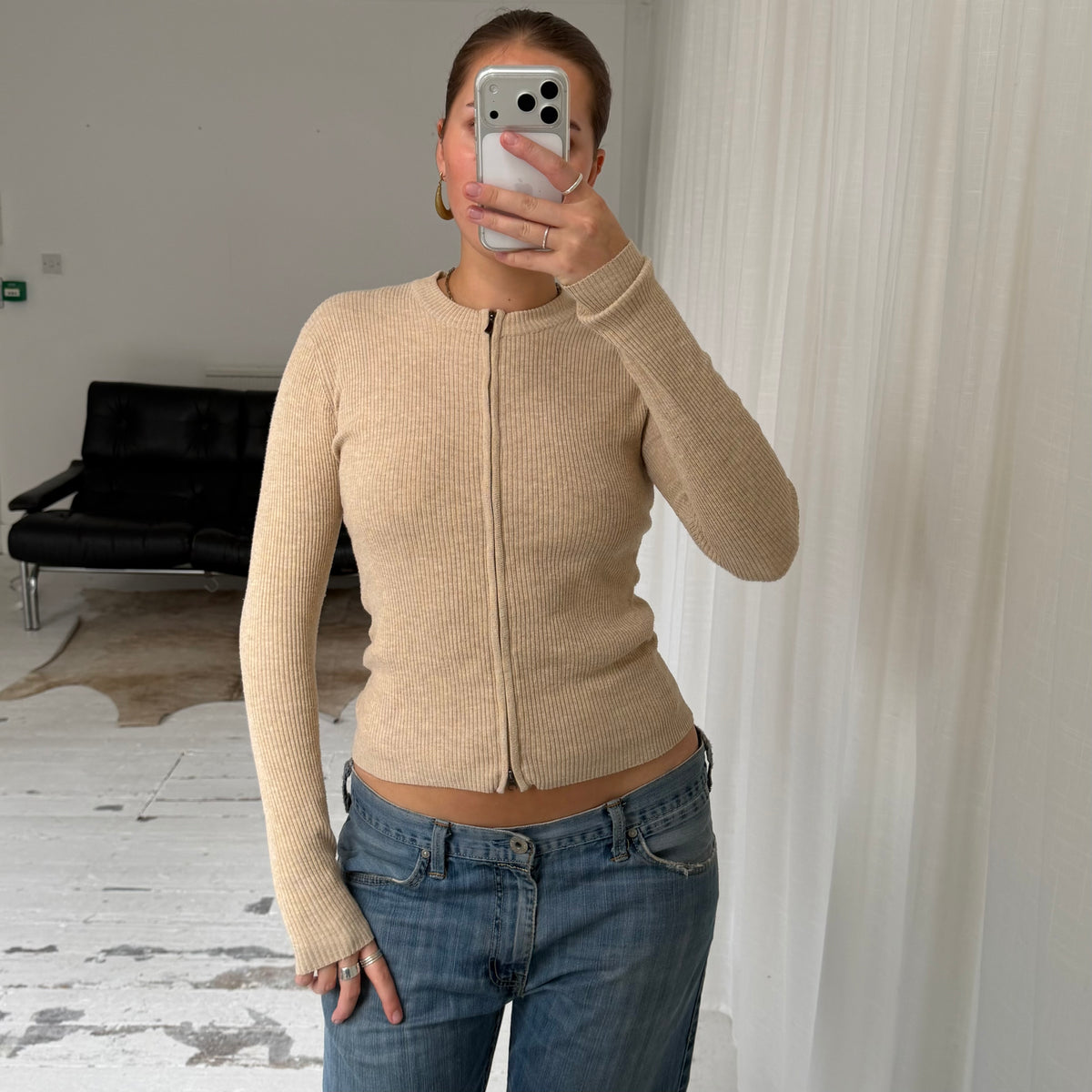 Beige Double Zip Ribbed Cardigan