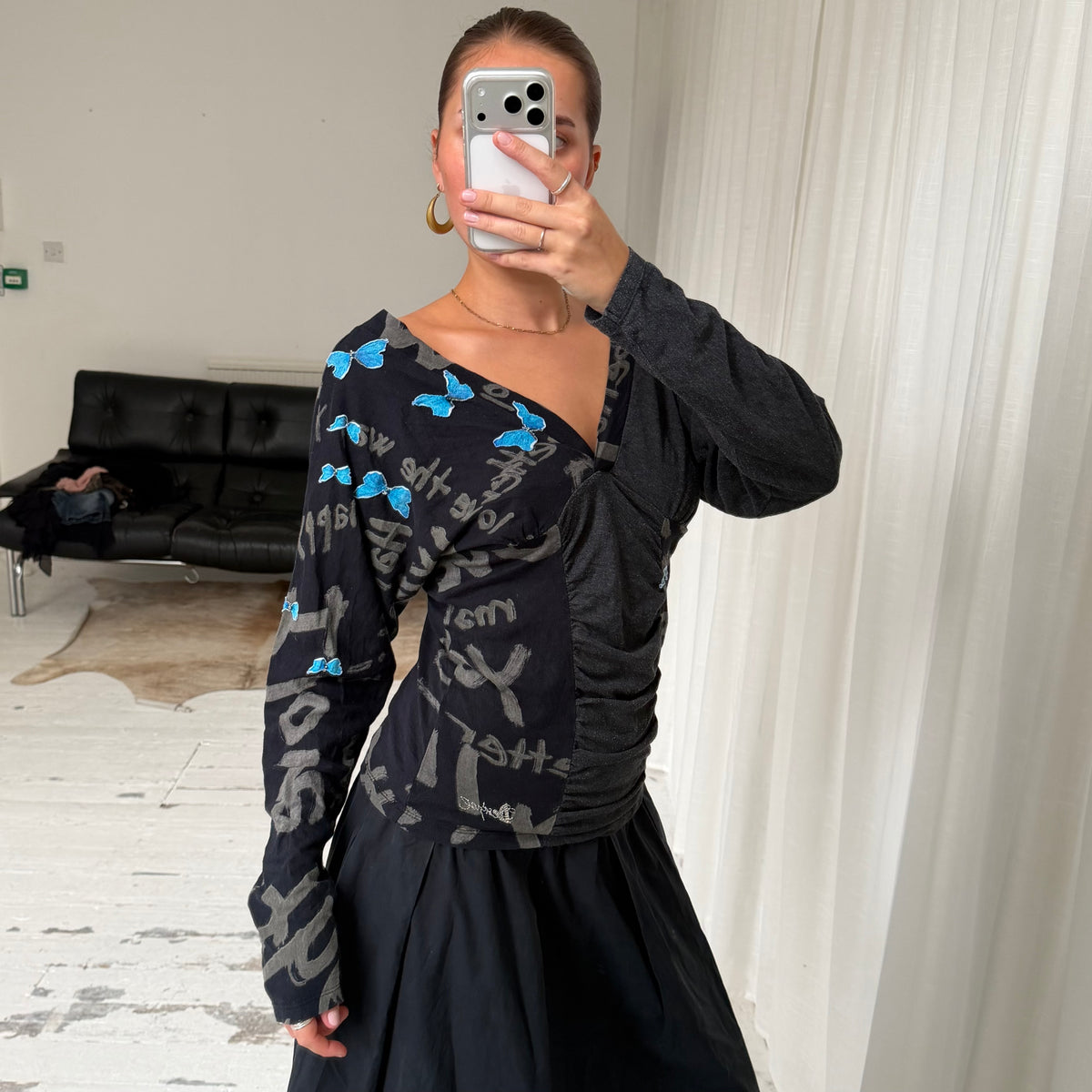 Desigual Graphic Ruched V-Neck Top