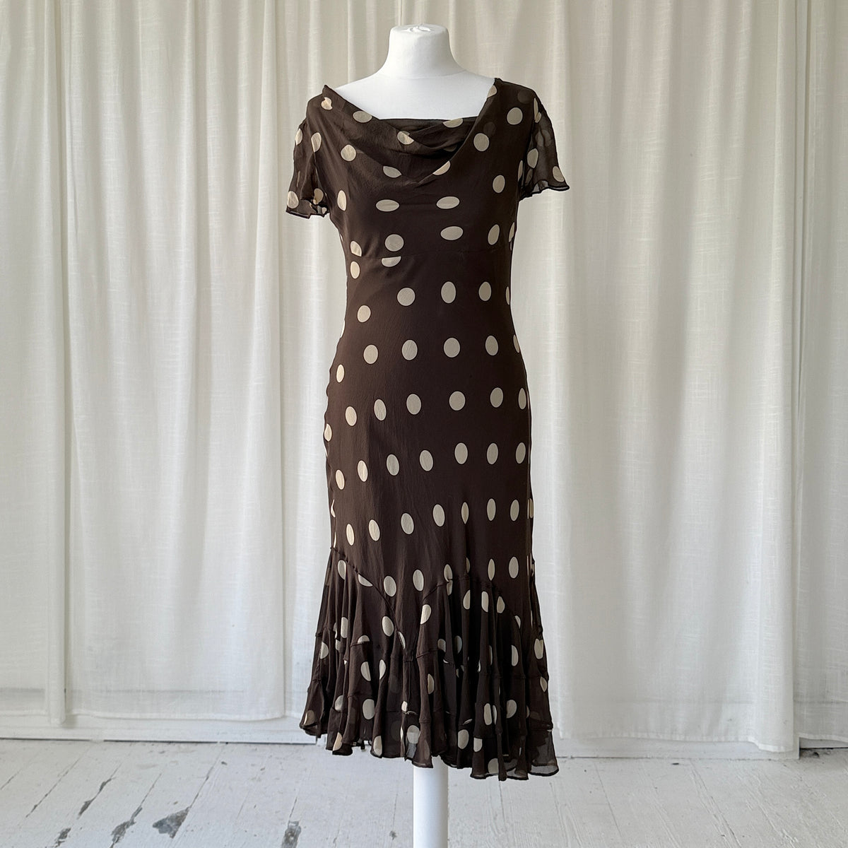 Brown Polka Dot Silk Midi Dress