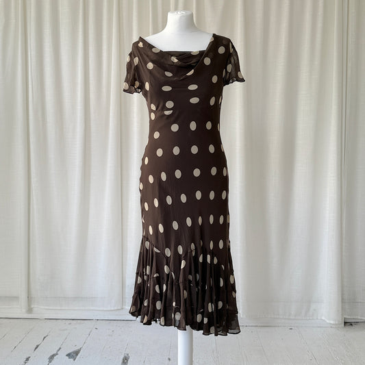 Brown Polka Dot Silk Midi Dress