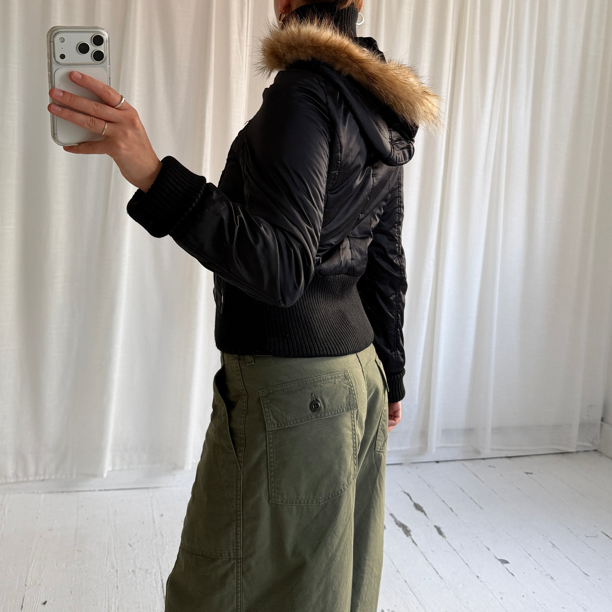 00s Black Nylon Utility Bomber Jacket with Fur Hood