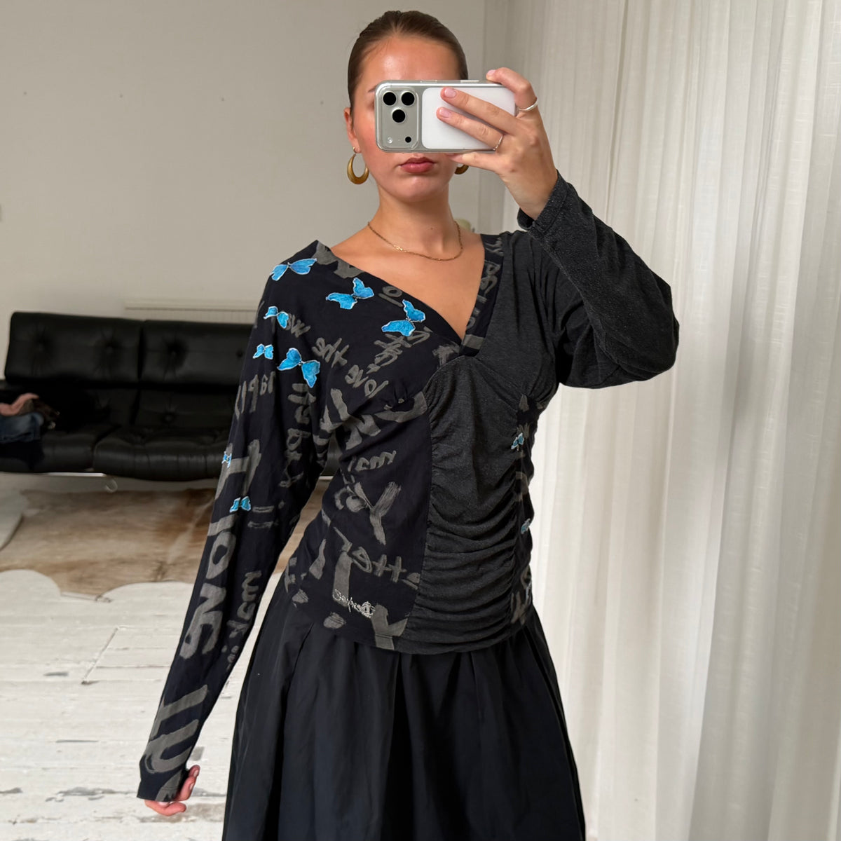 Desigual Graphic Ruched V-Neck Top