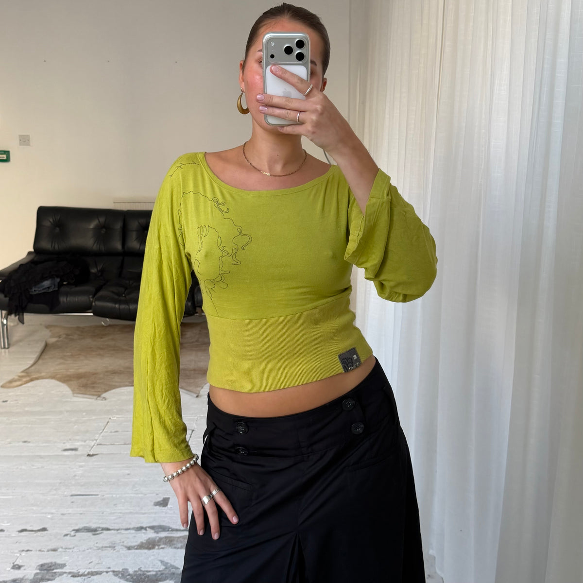 Chartreuse Graphic Print Wide Sleeve Top