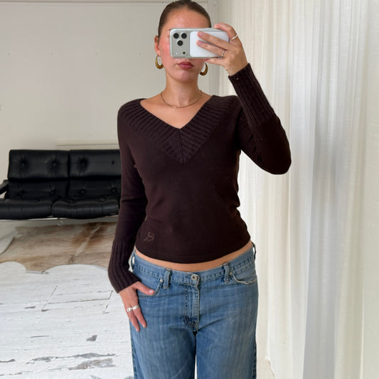 Brown Angora Blend V-Neck Jumper