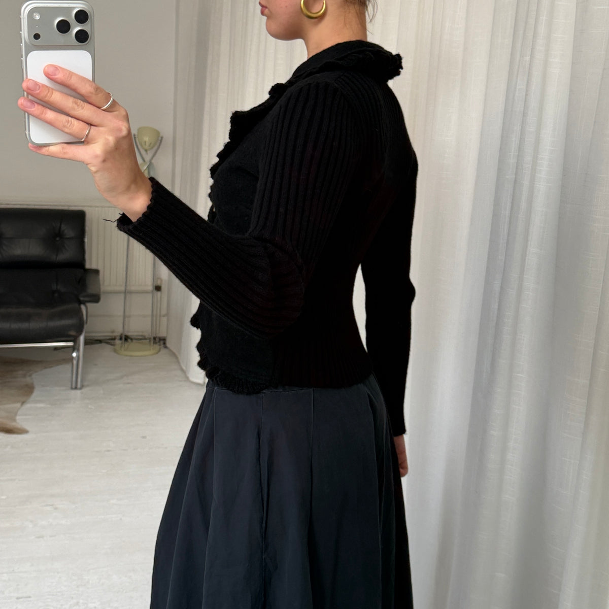 Vintage Black Ruffle Wool Knit Cardigan