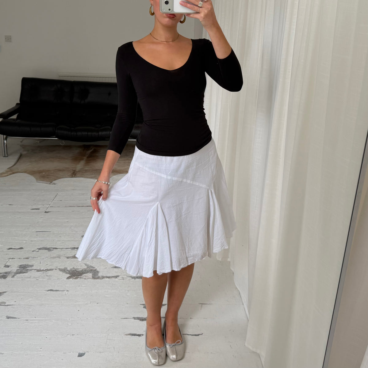 2000s White Cotton Pleated Midi Skirt