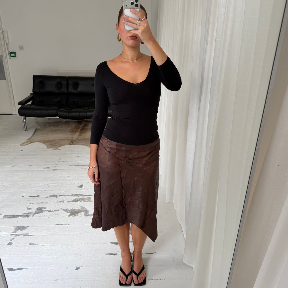 Brown Leather Asymmetric Midi Skirt