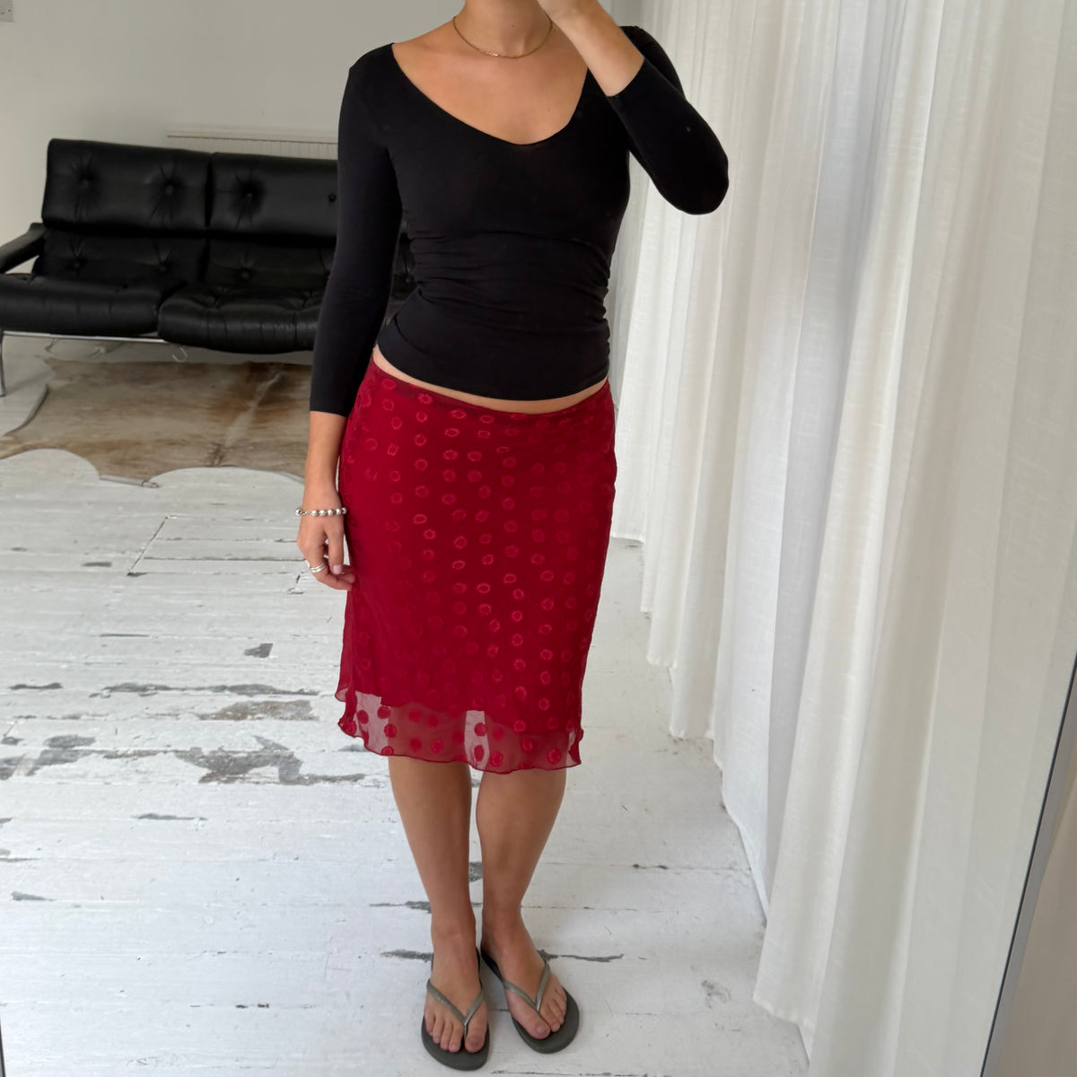 1990s Red Polka Dot Mesh Midi Skirt