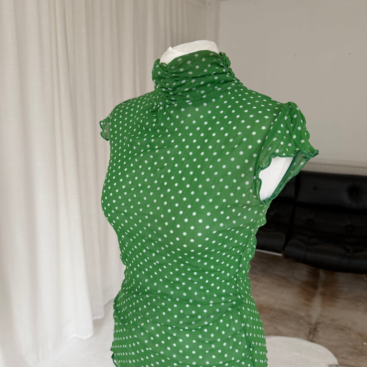 Green Polkadot High Neck Mesh Top