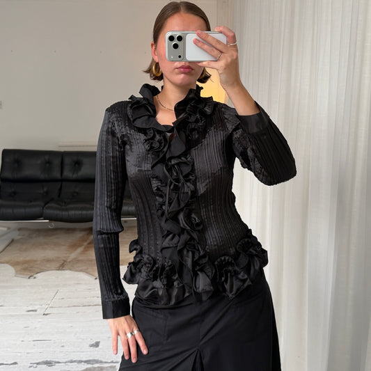 90s Black Pleated Ruffle Blouse