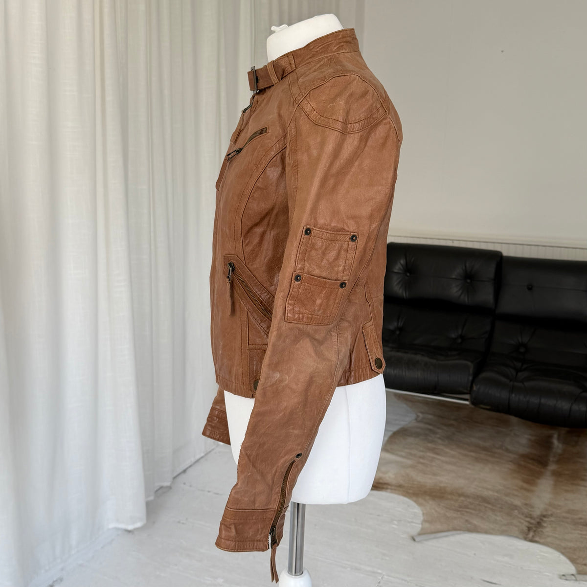 Tan Brown Leather Utility Biker Jacket