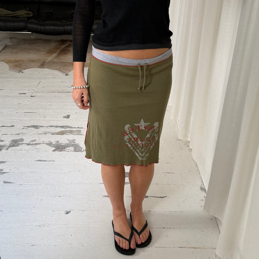 2000s Khaki Green Graphic Jersey Midi Skirt