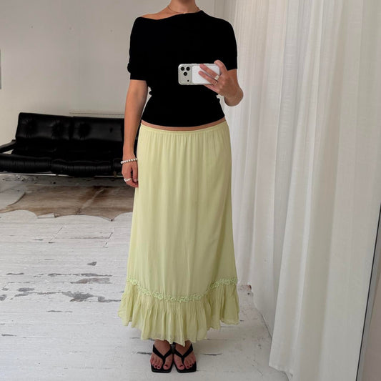 Lime Green Silk Ruffle Maxi Skirt