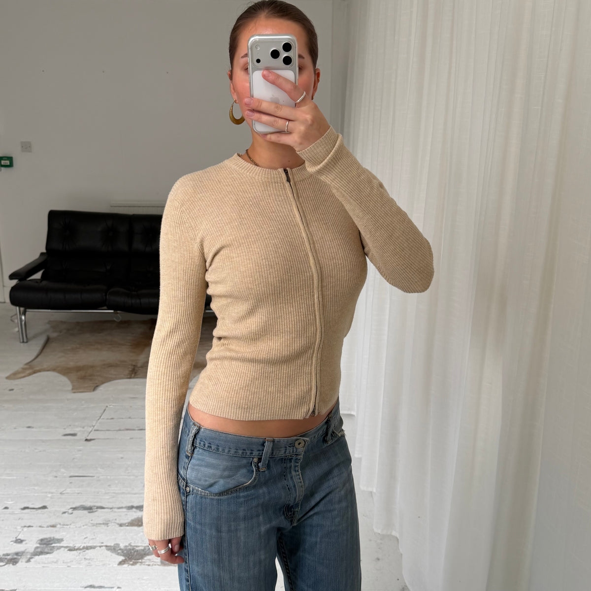 Beige Double Zip Ribbed Cardigan