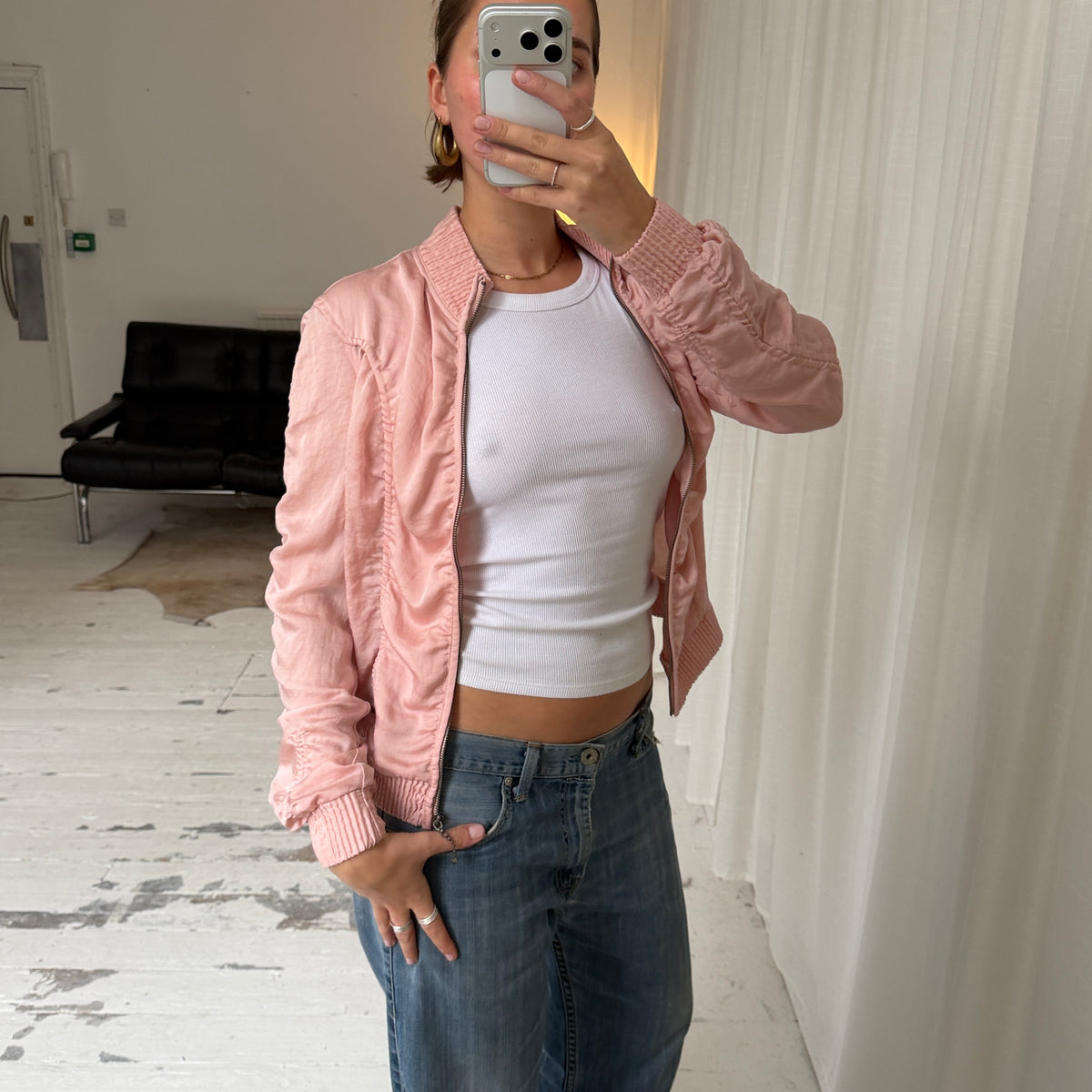 2000s Guess Pink Ruched Bomber Jacket
