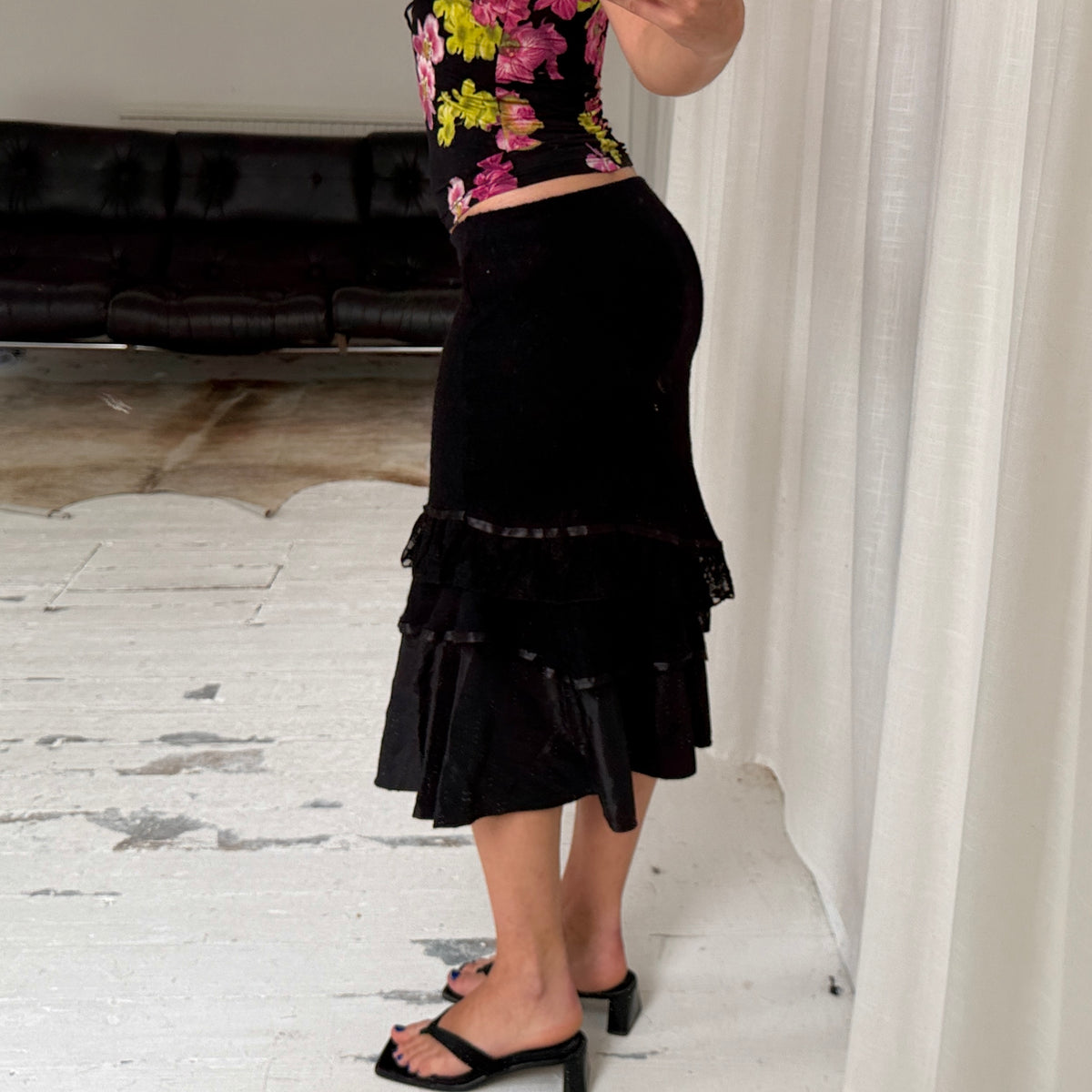 Black Mohair Ruffle Midi Skirt