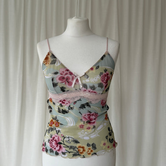 2000s Floral Mesh Lace Trim Cami Top