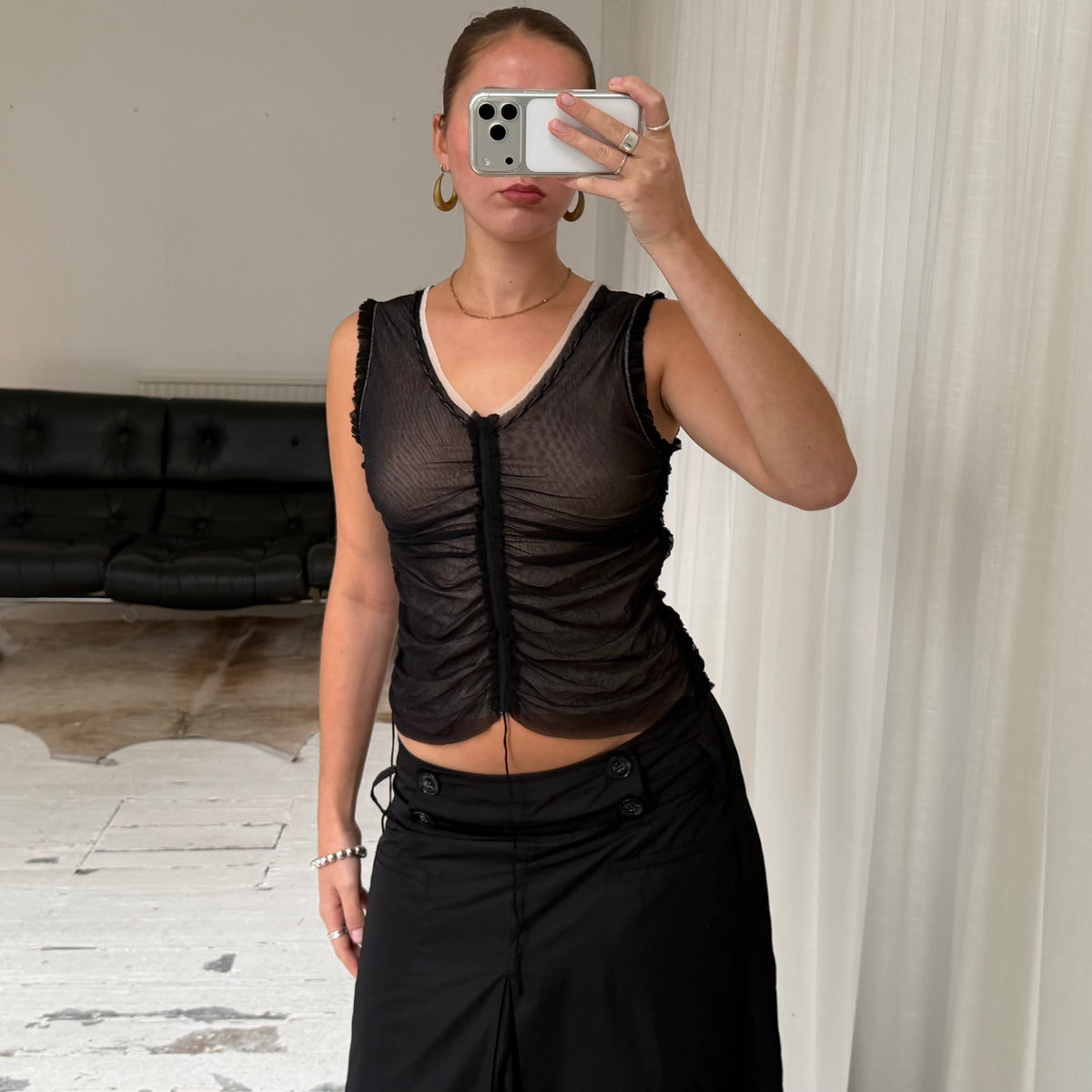 2000s Ruched Layered Mesh Top
