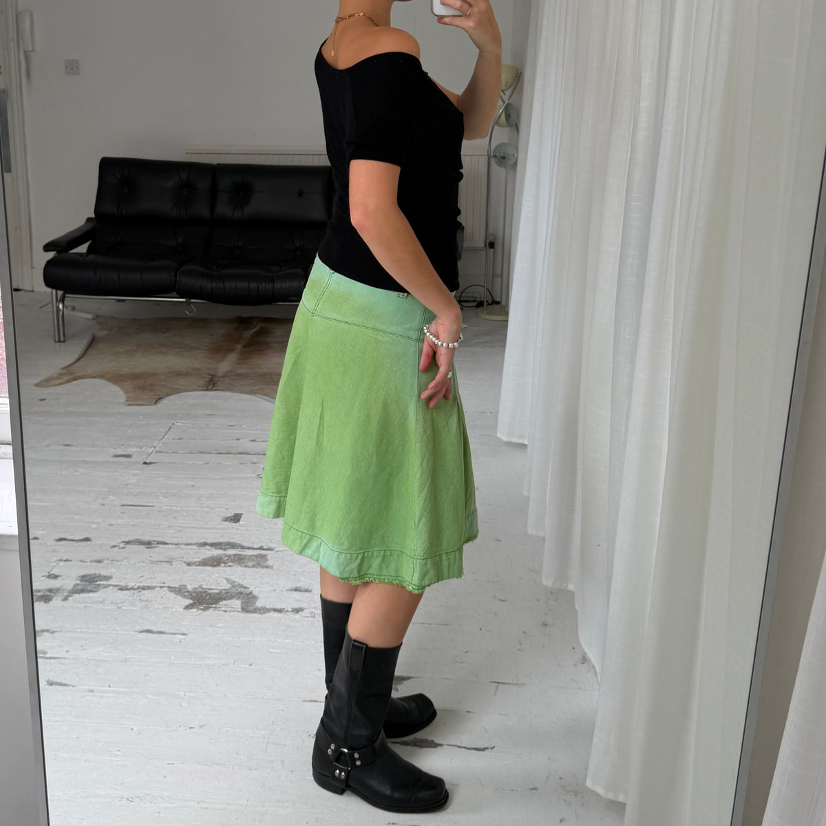 Miss Sixty Green Pleated Denim Midi Skirt