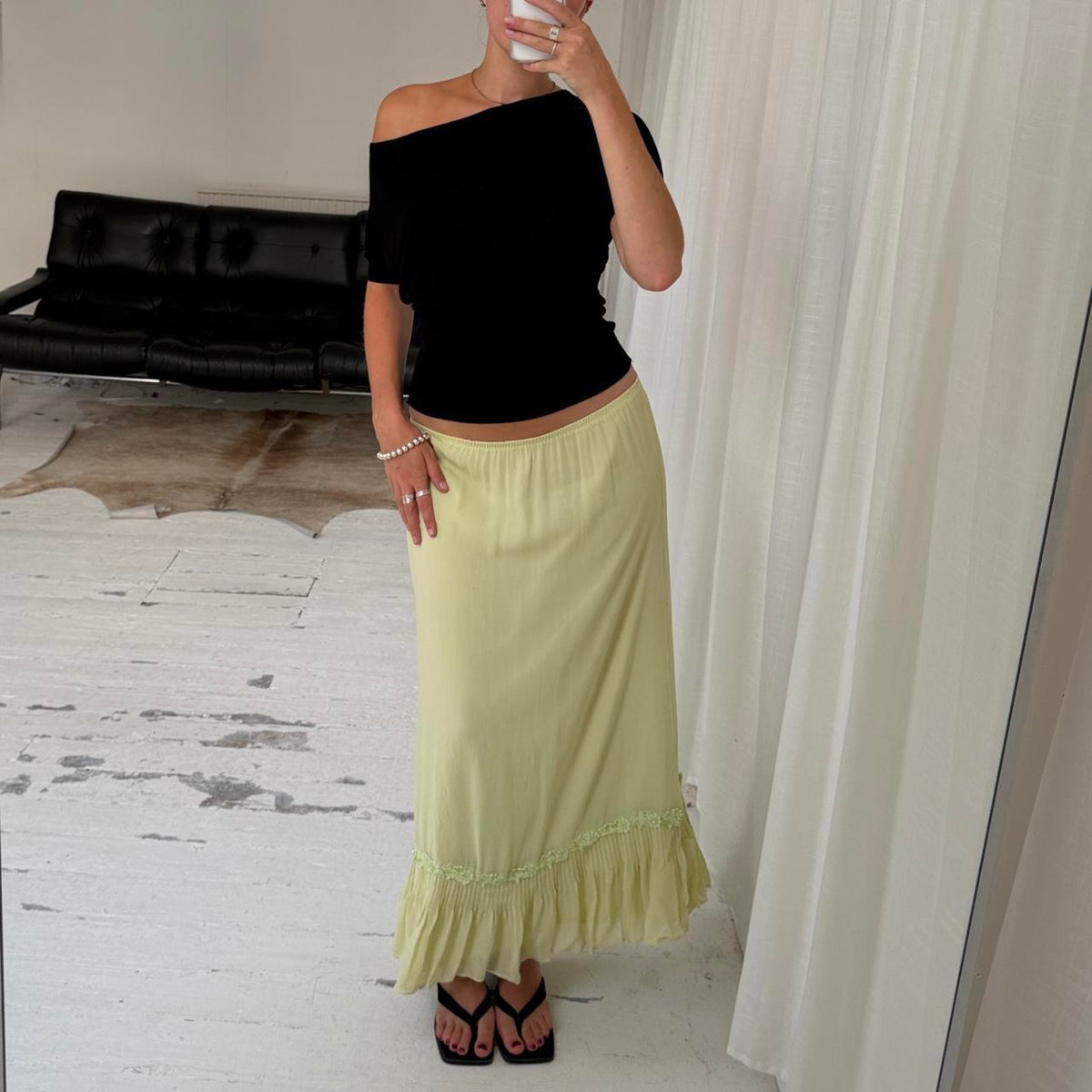 Lime Green Silk Ruffle Maxi Skirt