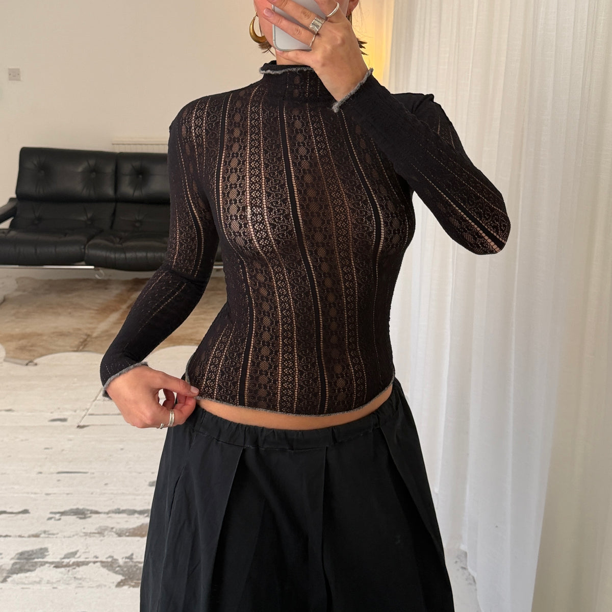 Black Pointelle Lace Knit Top