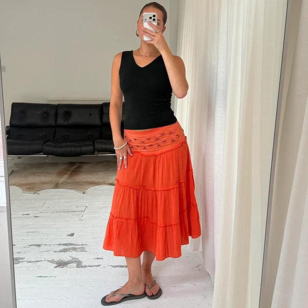 Orange Cotton Tiered Midi Skirt
