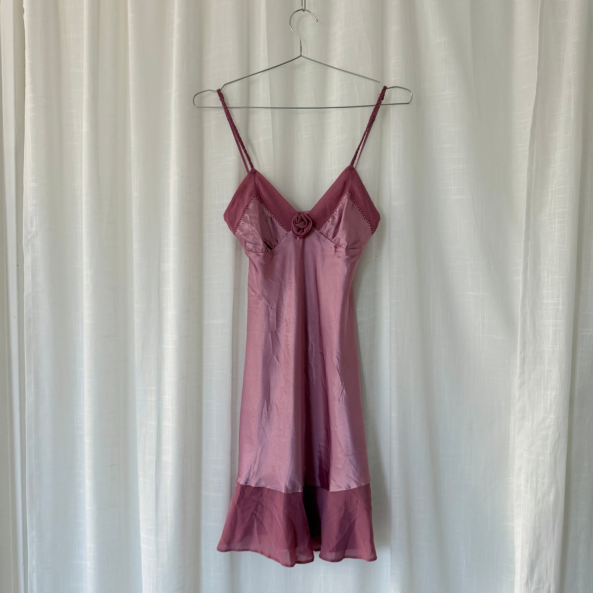 Pink Satin Rosette Mini Slip Dress