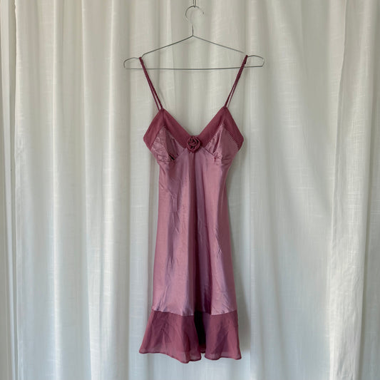 Pink Satin Rosette Mini Slip Dress