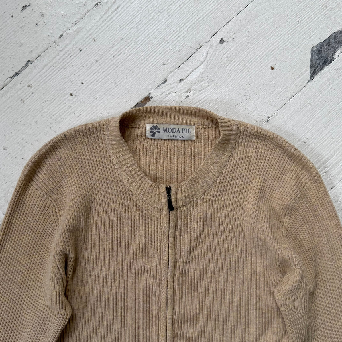 Beige Double Zip Ribbed Cardigan
