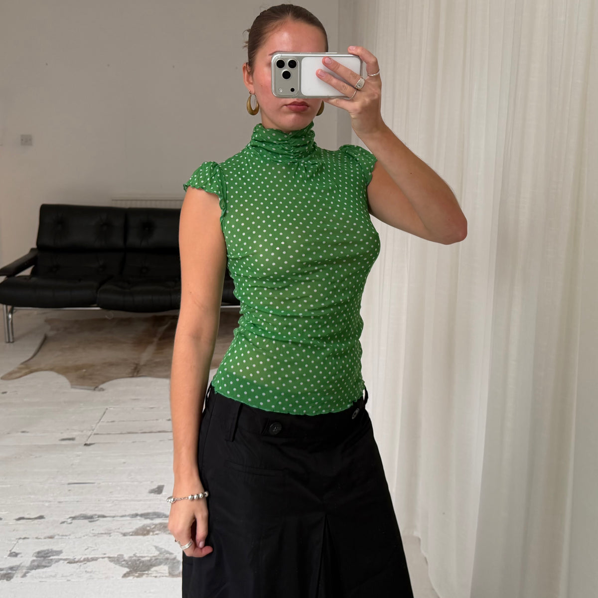 Green Polkadot High Neck Mesh Top