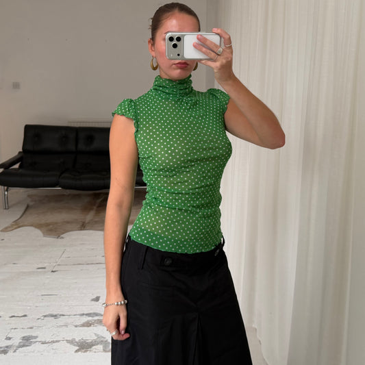 Green Polkadot High Neck Mesh Top