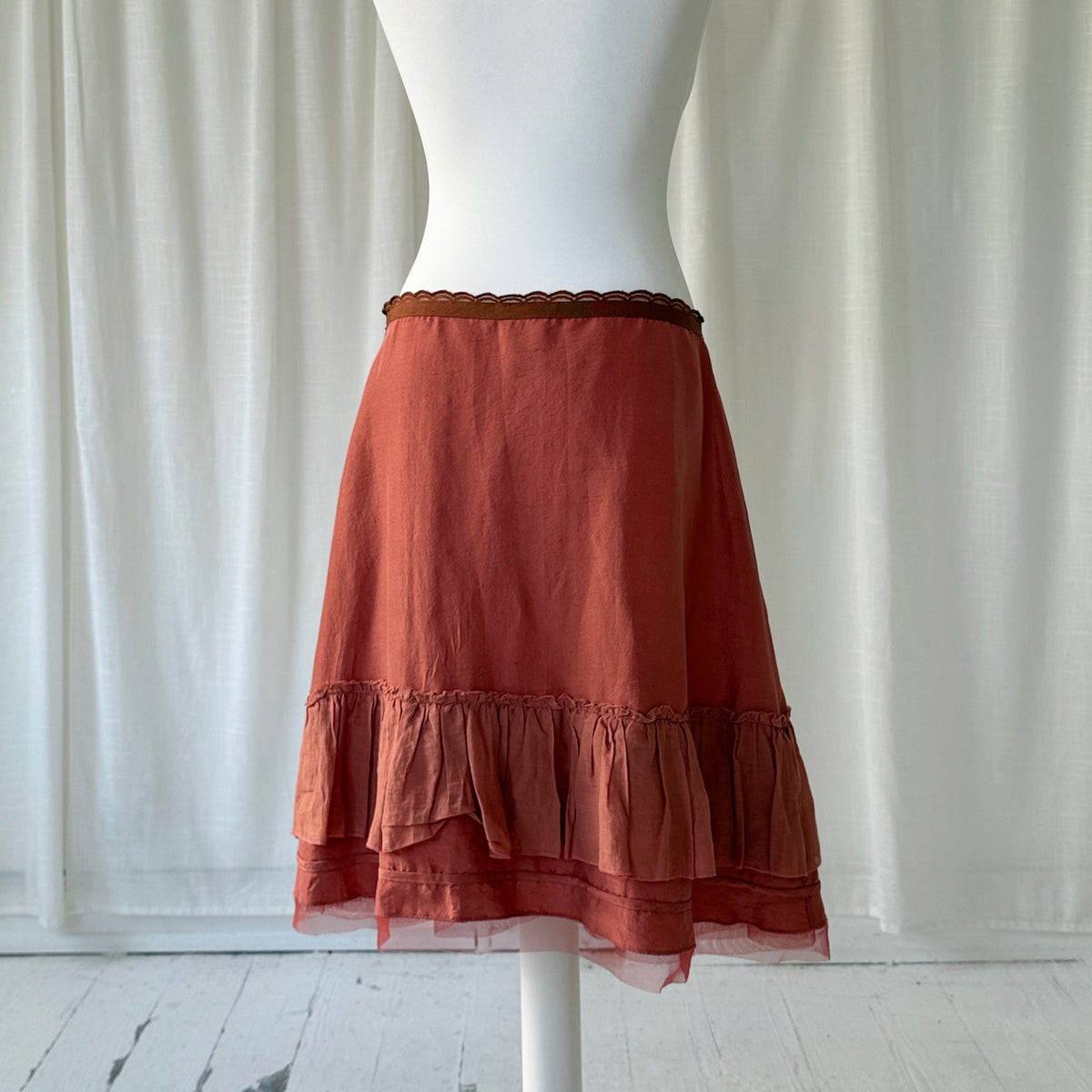 Coral Red Silk Ruffle Midi Skirt