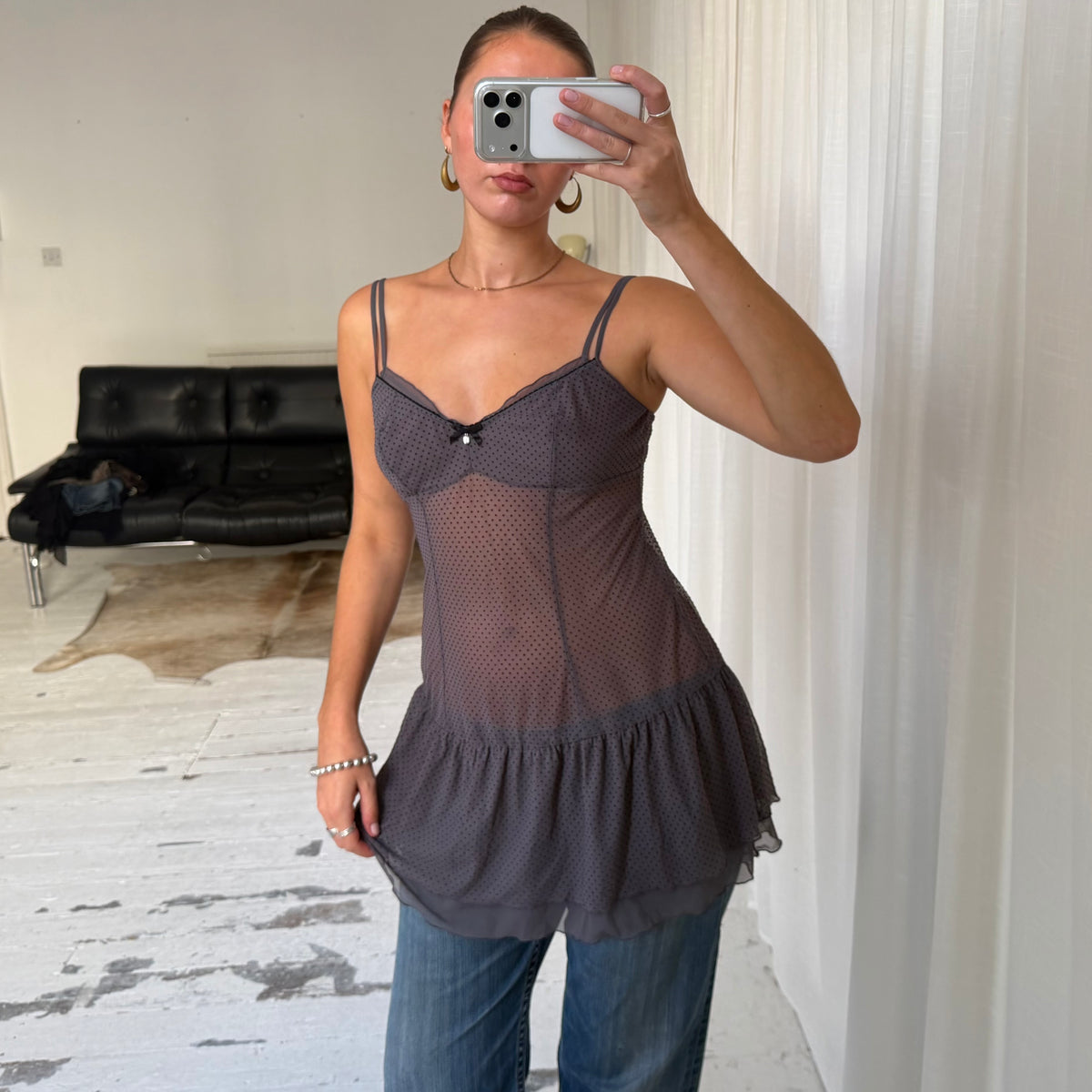 Polka Dot Mesh Babydoll Slip Dress