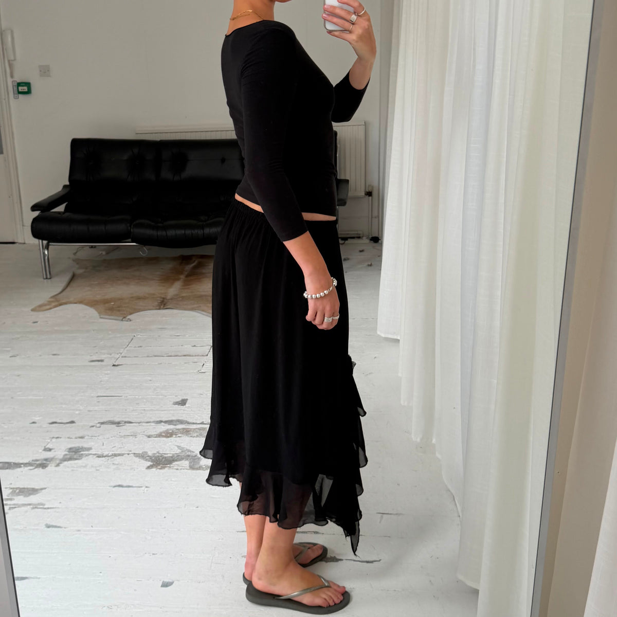 Black Ruffle Asymmetric Maxi Skirt