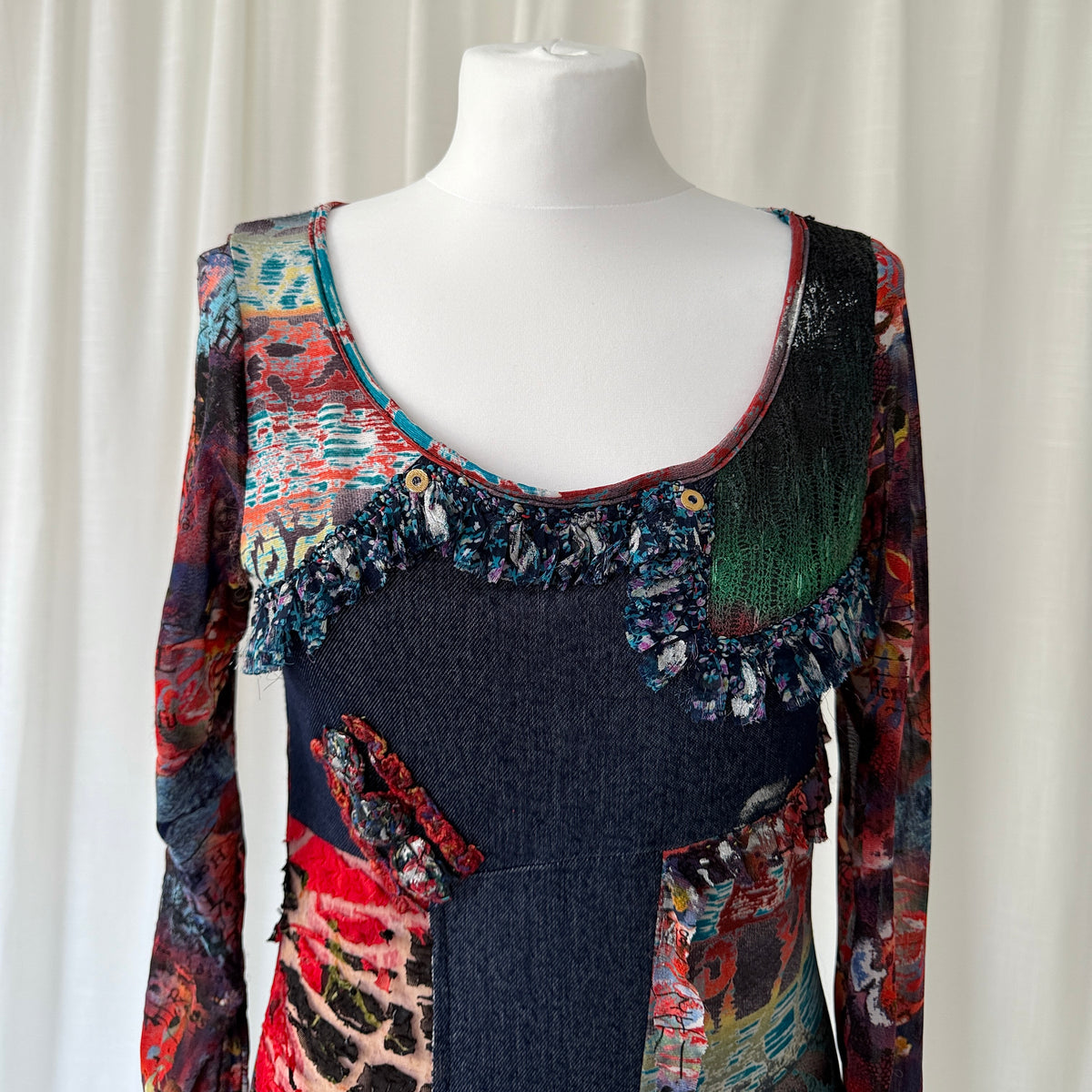 Multicolour Patchwork Mesh Ruffle Midi Dress