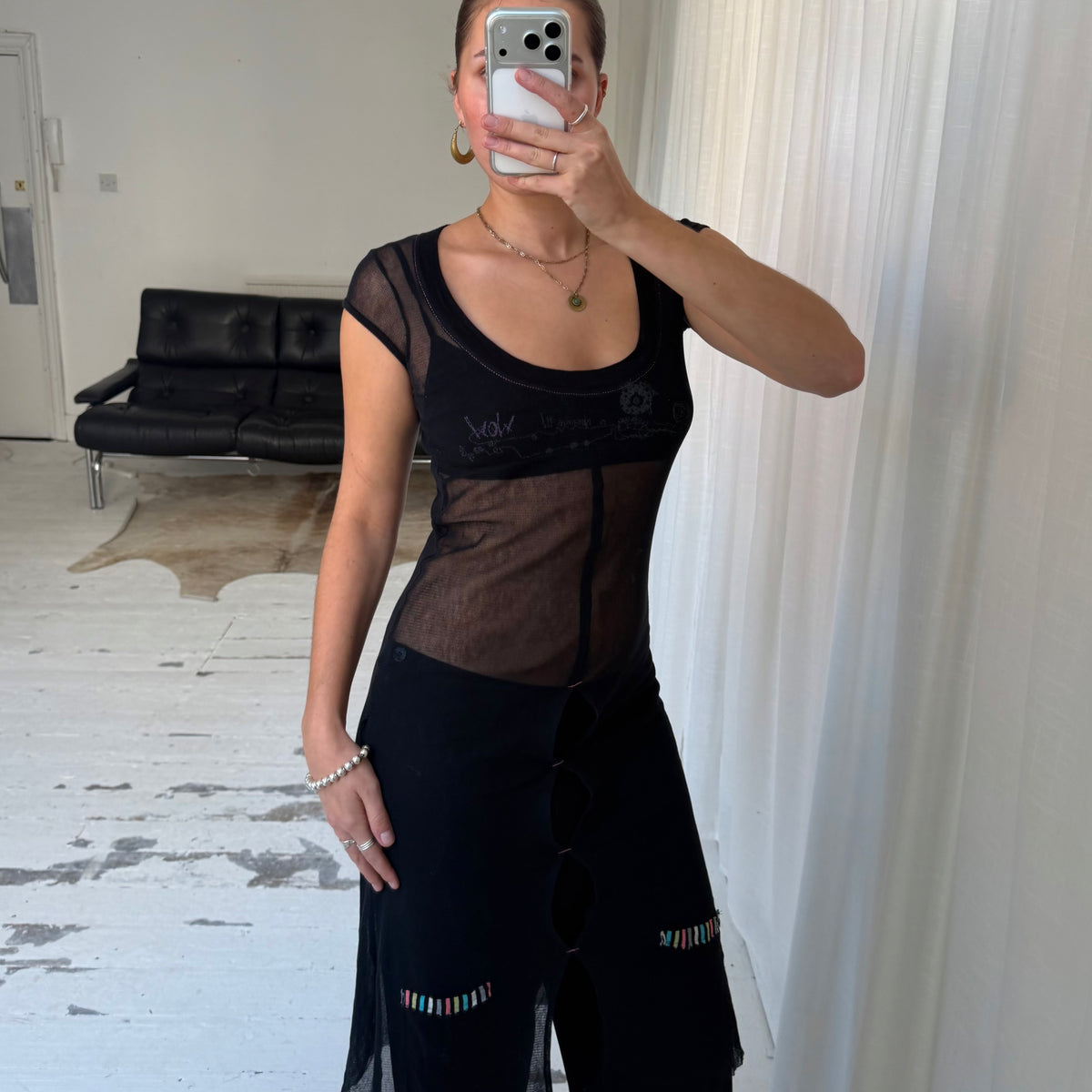 1990s Black Mesh Cut Out Midi Dress