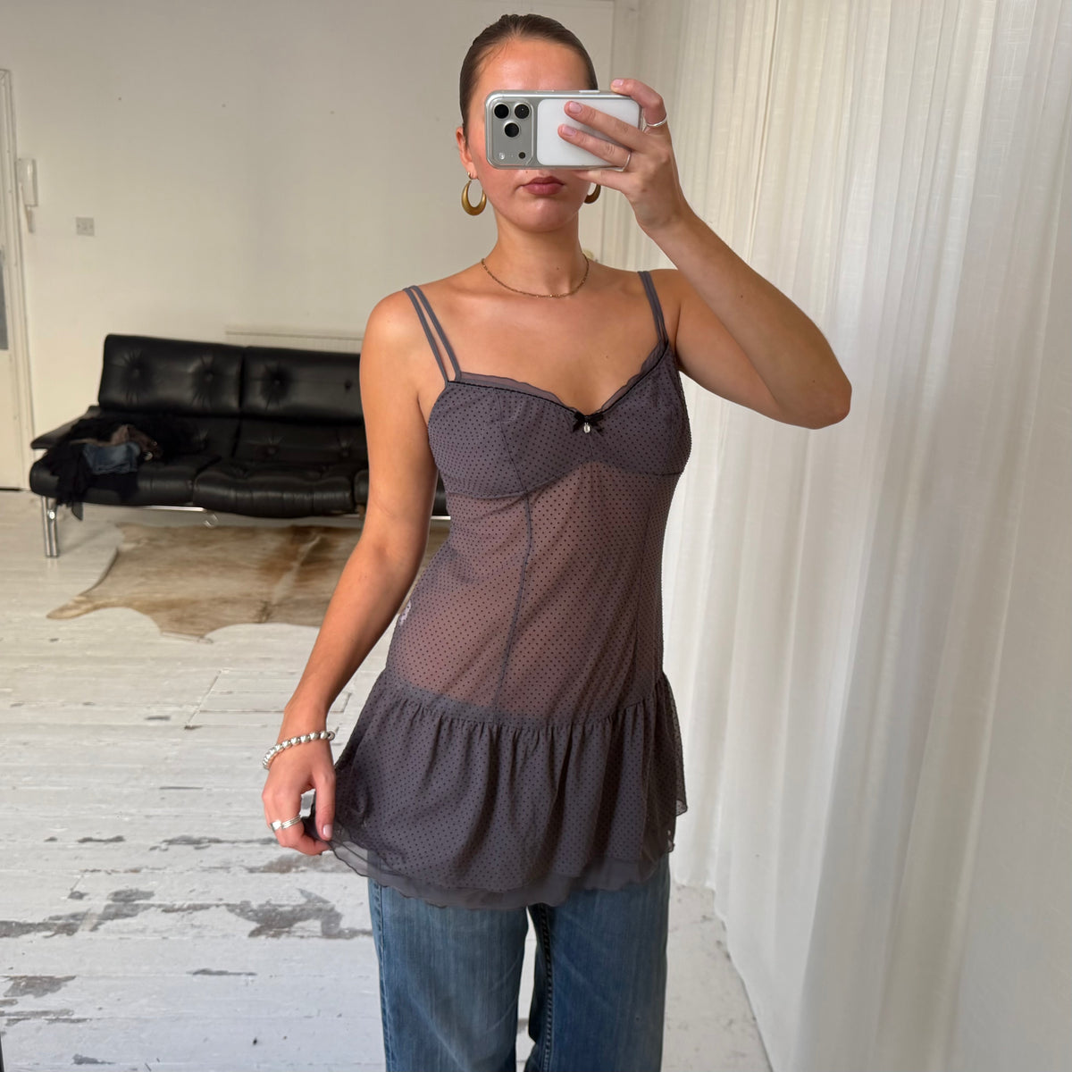 Polka Dot Mesh Babydoll Slip Dress