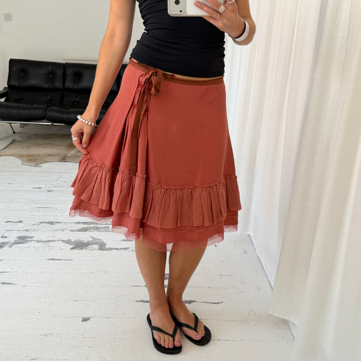 Coral Red Silk Ruffle Midi Skirt