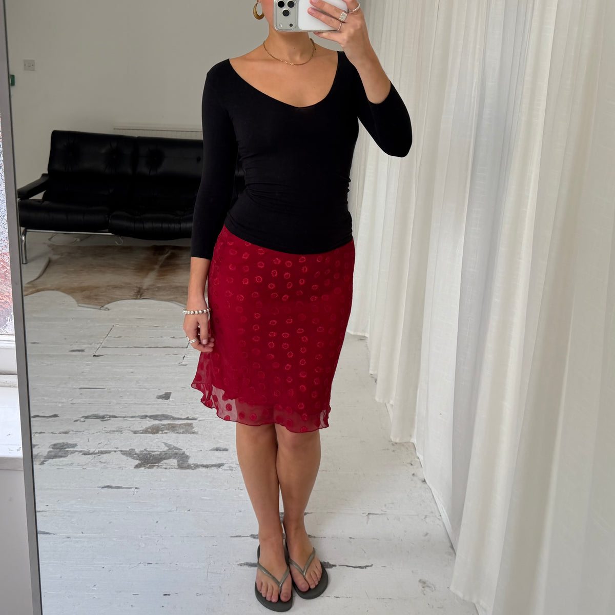 1990s Red Polka Dot Mesh Midi Skirt