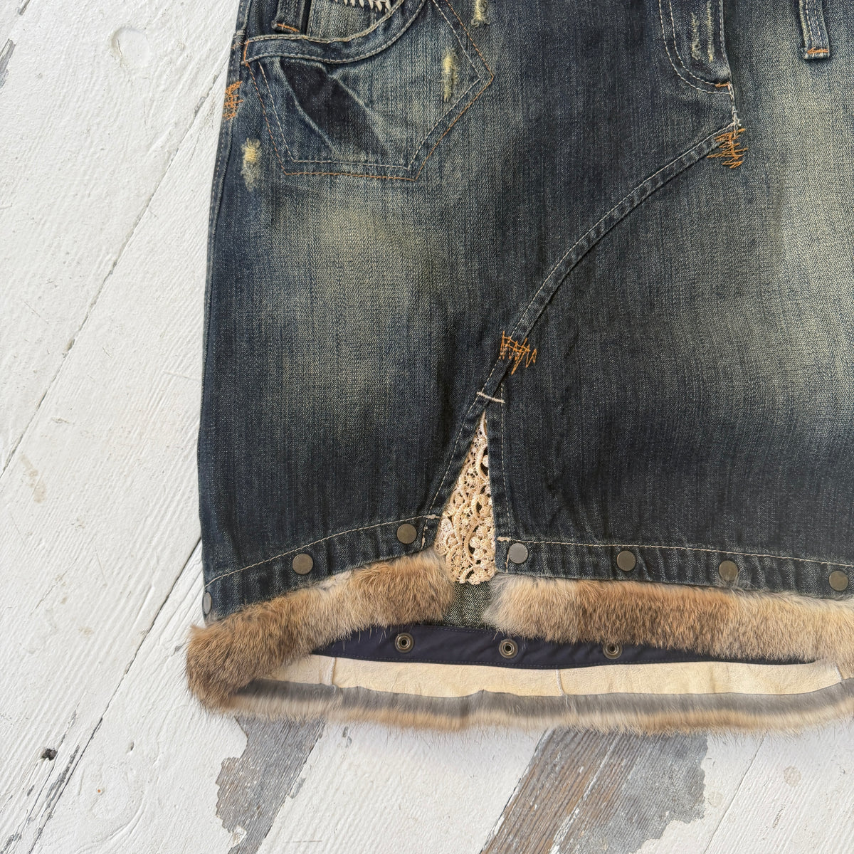 Italian Vintage Denim Fur Trim Midi Skirt