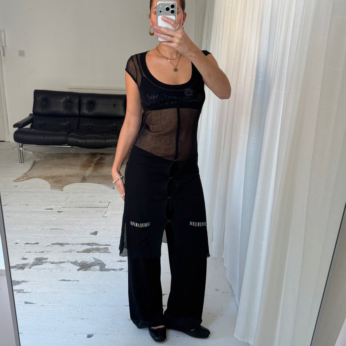 1990s Black Mesh Cut Out Midi Dress