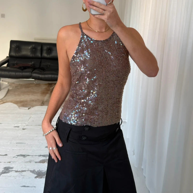 Sequin Cross Back Halter Top