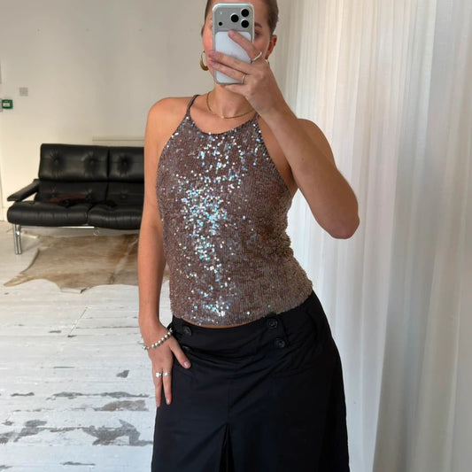 Sequin Cross Back Halter Top
