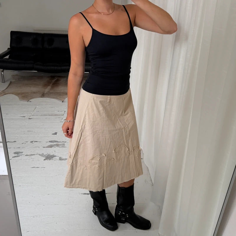 Beige Raw Edge Midi Skirt