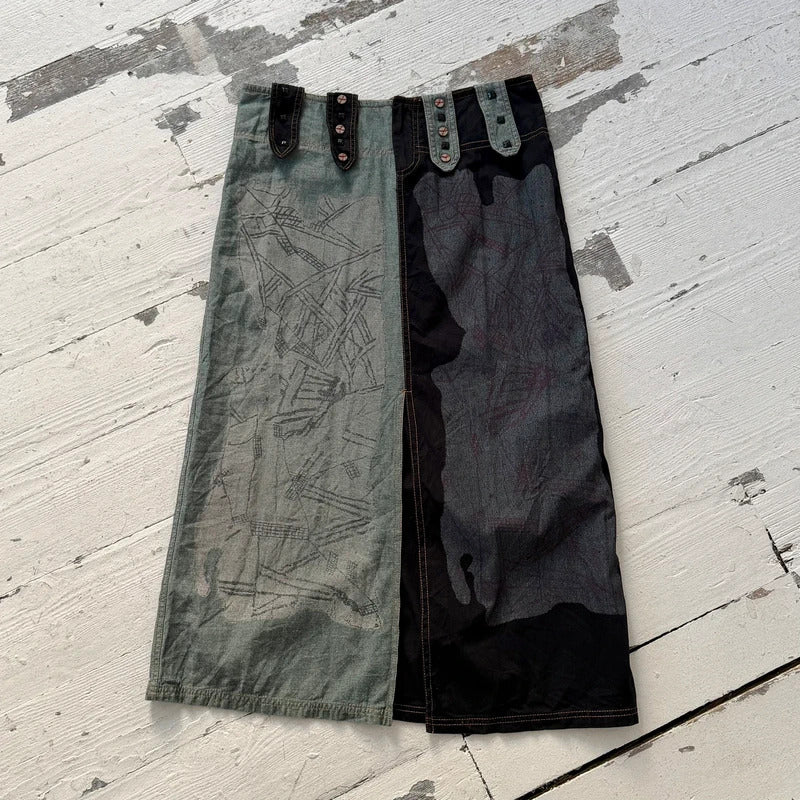 00s Graphic Patchwork Denim Maxi Skirt