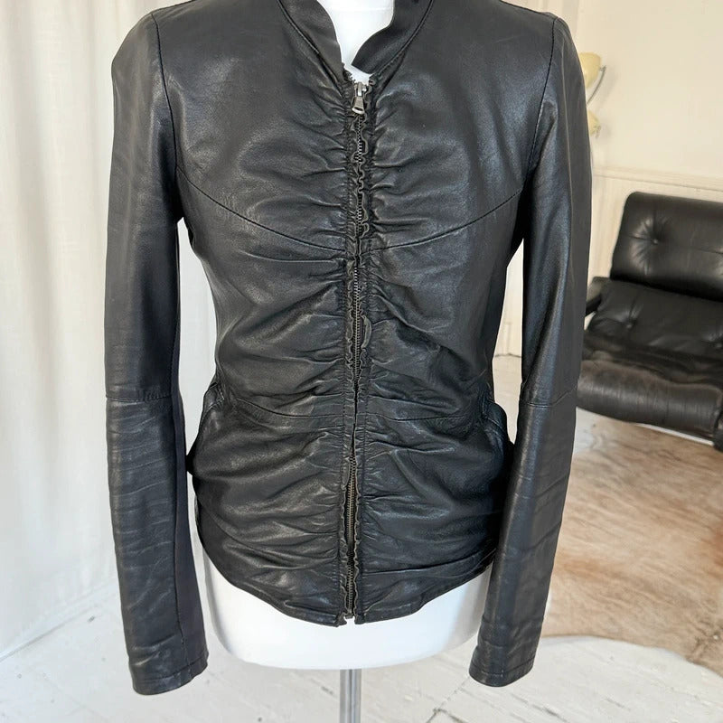 Italian Vintage Black Ruched Leather Jacket
