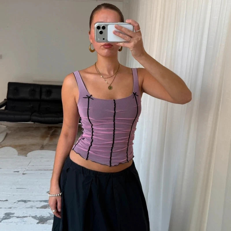 2000s Pink Ruched Mesh Corset Top