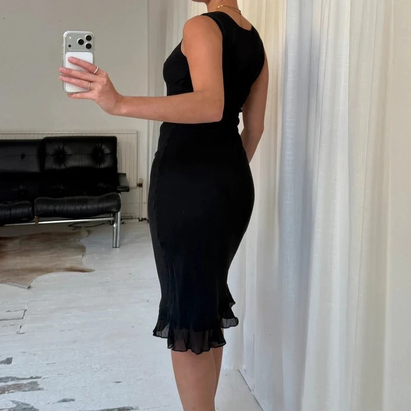 90s Pure Silk Black Midi Dress