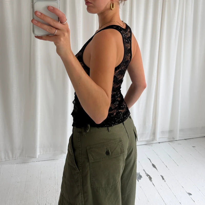 00s Sheer Sequin Lace Vest Top